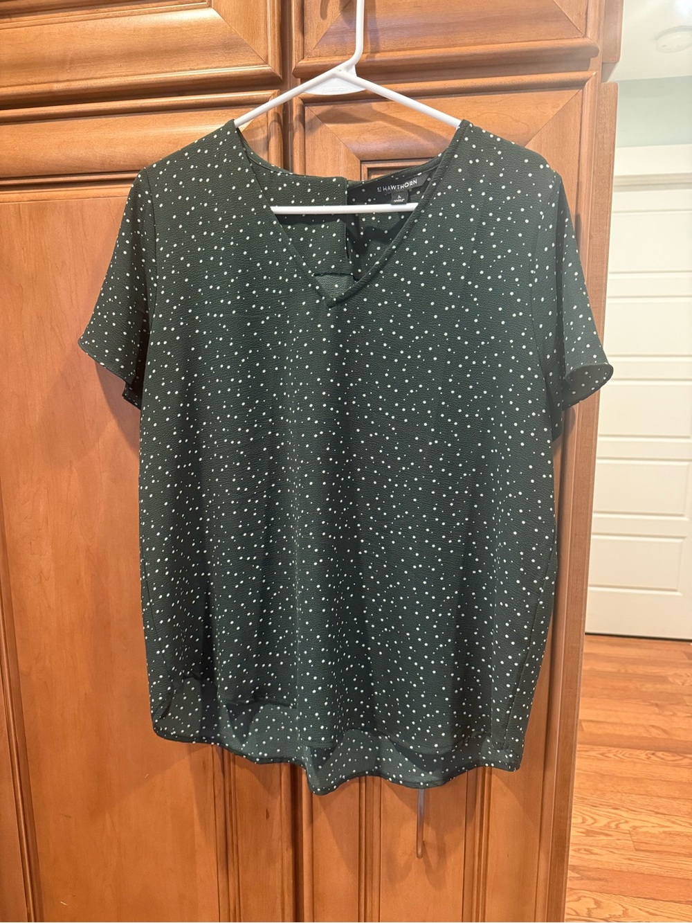 41 Hawthorn Forest Green Dot V-Neck Short Sleeve Blouse